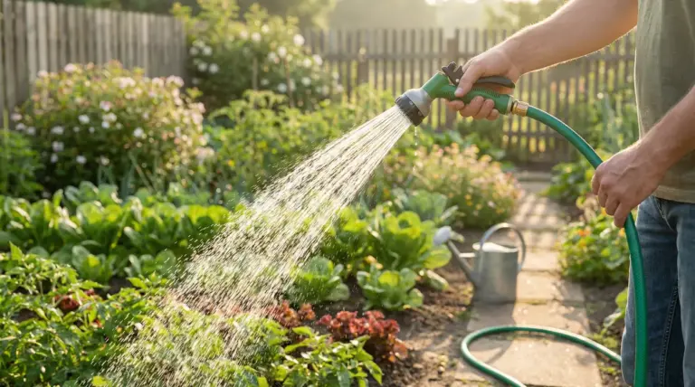Una persona annaffia un orto con una pompa da giardino al tramonto