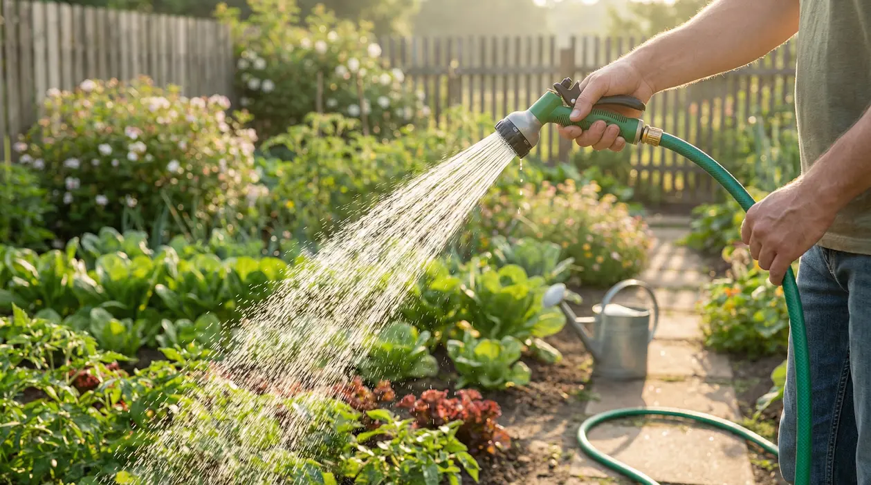 Una persona annaffia un orto con una pompa da giardino al tramonto