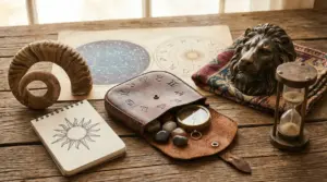 Oggetti simbolici legati all'astrologia, con strumenti zodiacali e simboli di ariete e leone