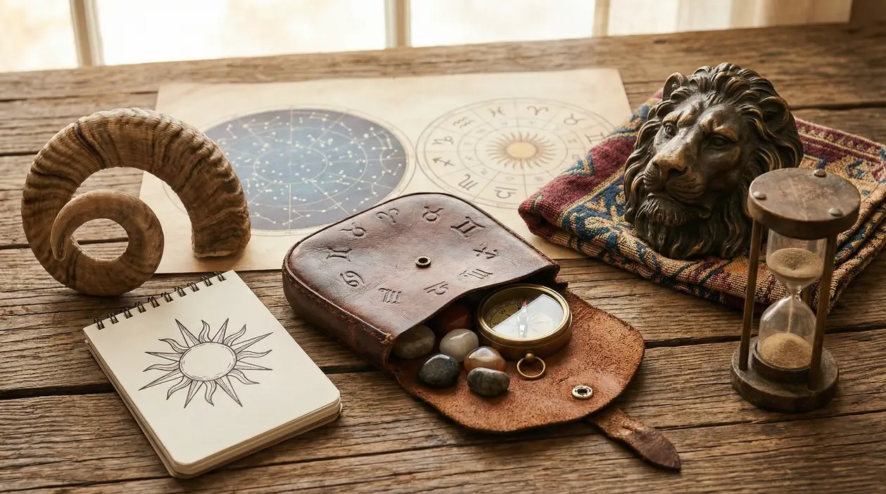 Oggetti simbolici legati all'astrologia, con strumenti zodiacali e simboli di ariete e leone