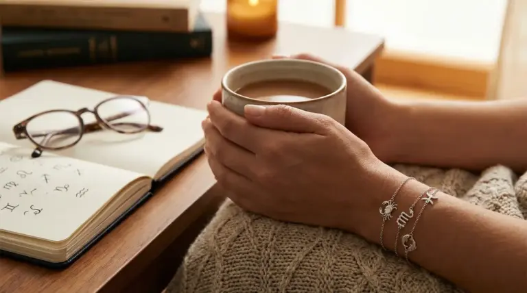 Mani che tengono una tazza accanto a un taccuino con simboli zodiacali