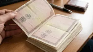 Una mano tiene un libretto con buoni fruttiferi postali su una scrivania