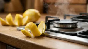 Buccia di limone vicino a un fornello da cucina acceso con vapore visibile