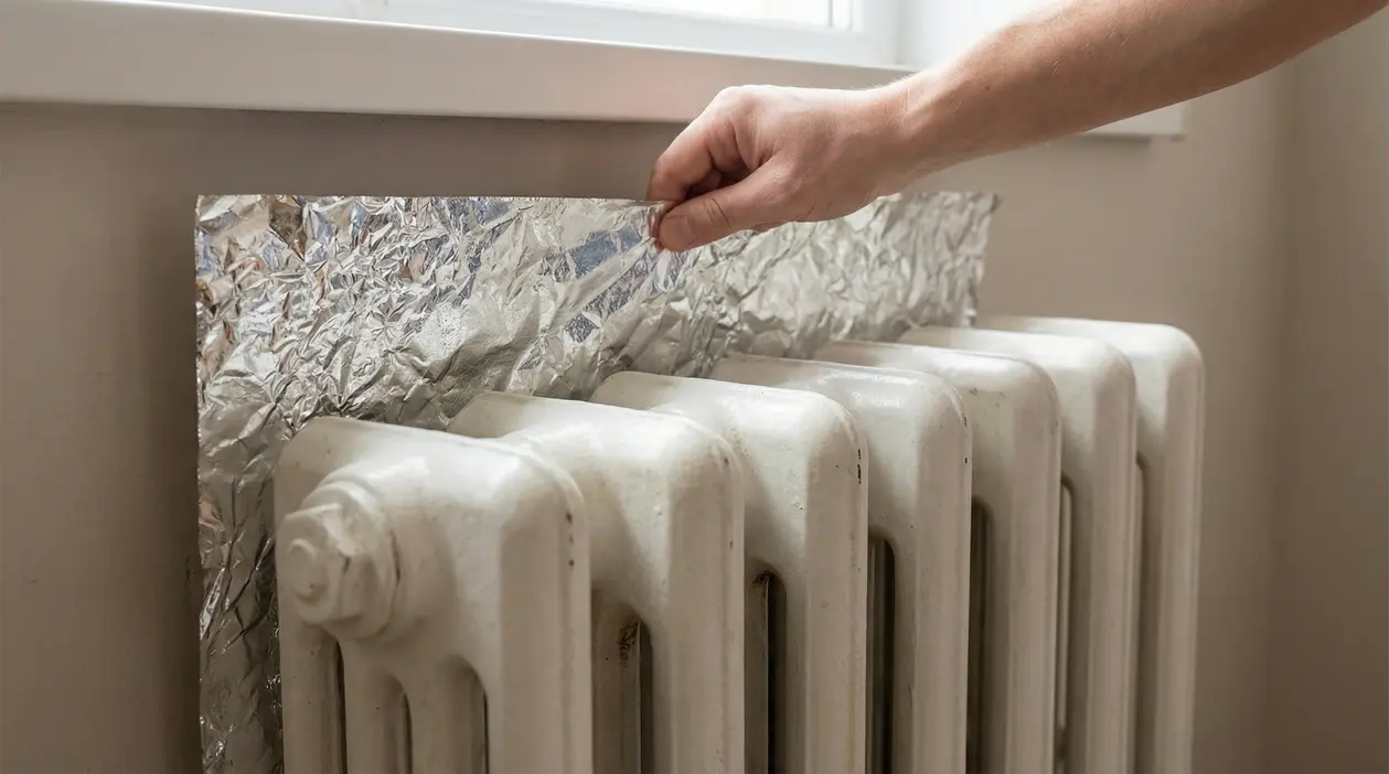 Una mano posiziona un foglio di carta stagnola dietro un termosifone bianco