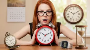 Persona con una sveglia rossa circondata da diversi orologi e una clessidra