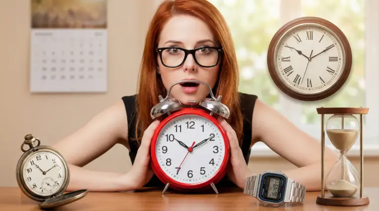 Persona con una sveglia rossa circondata da diversi orologi e una clessidra