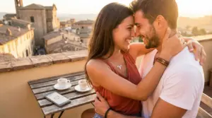 Coppia che si abbraccia sorridente su una terrazza al tramonto, con vista su un borgo antico
