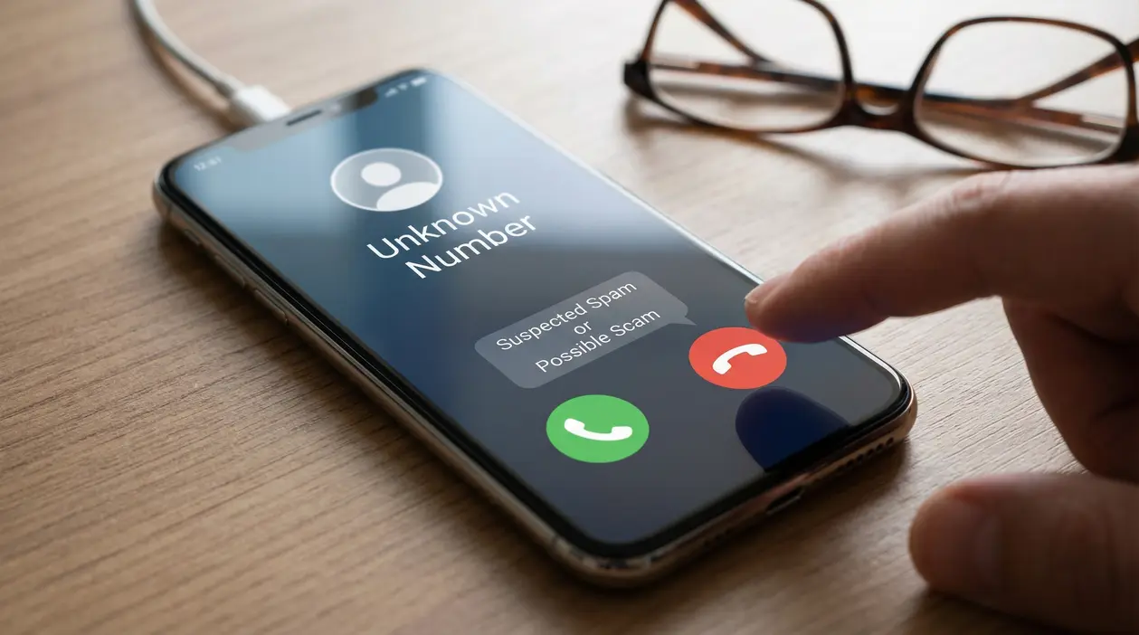 Una mano sta per rifiutare una chiamata da numero sconosciuto su uno smartphone