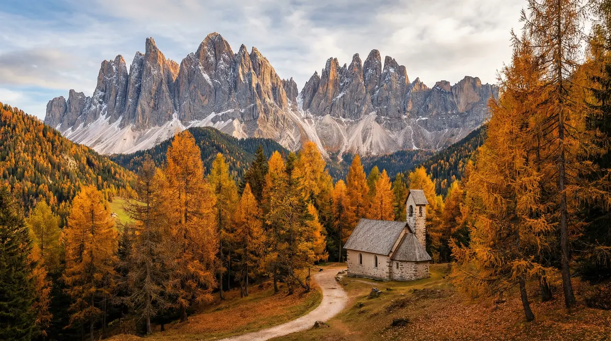 Cappella circondata da alberi autunnali ai piedi delle Dolomiti in Trentino