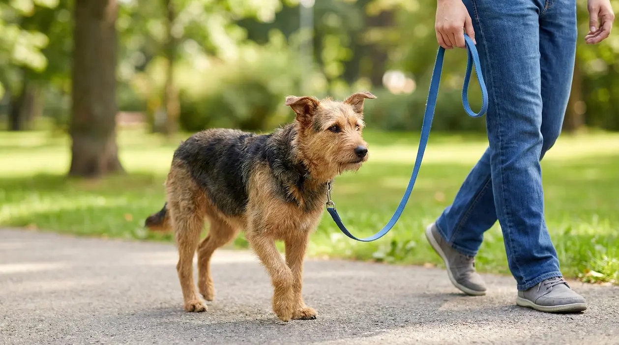Cane al guinzaglio cammina accanto a una persona in un parco