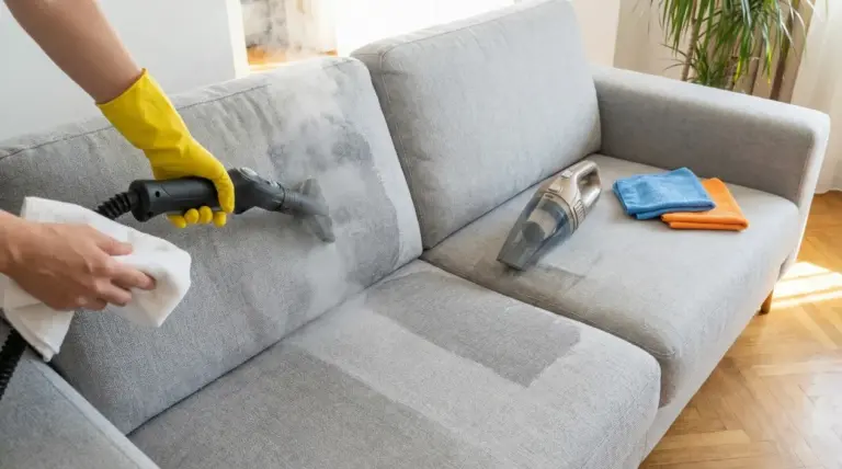 Una persona pulisce un divano grigio con un pulitore a vapore e un panno bianco