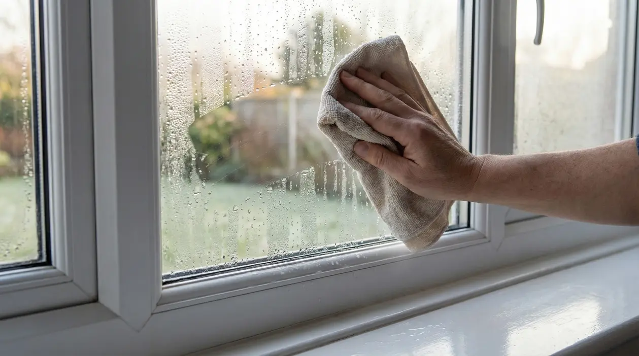 Una mano asciuga la condensa su una finestra con un panno