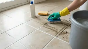 Persona che pulisce fughe di un pavimento sporche con una spazzola