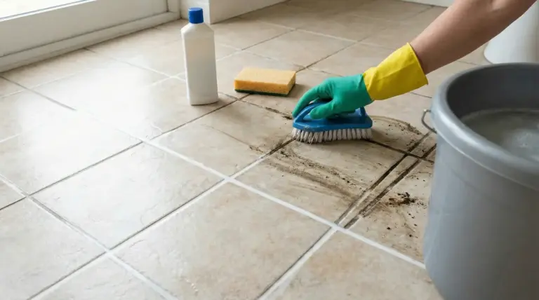 Persona che pulisce fughe di un pavimento sporche con una spazzola