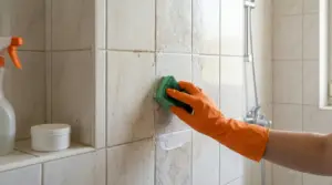Mano con guanto arancione pulisce le piastrelle del bagno con una spugna verde