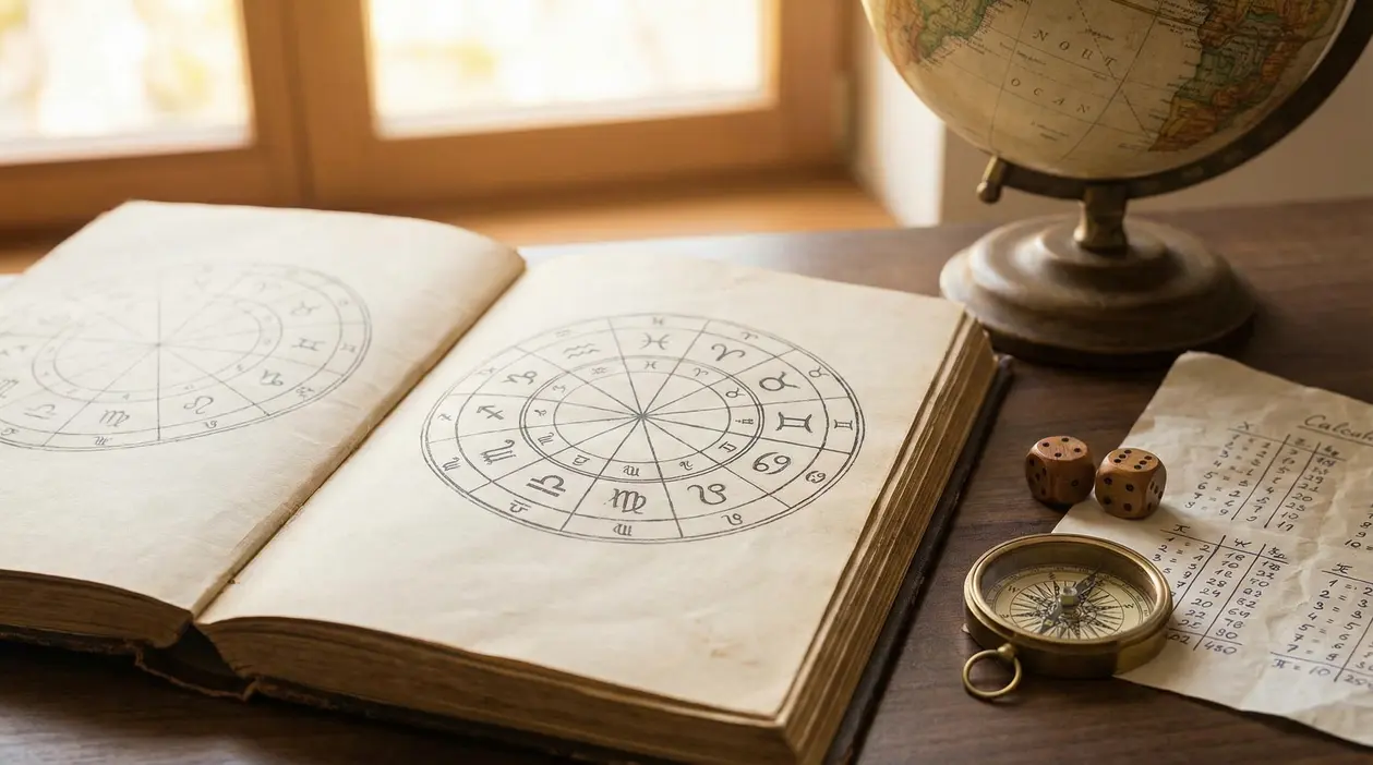 Libro aperto con cerchi zodiacali, bussola antica e mappamondo su tavolo di legno