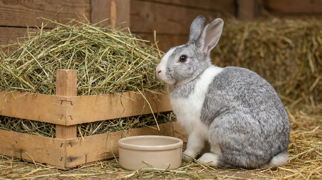 Coniglio grigio e bianco accanto a una cassetta di fieno in una stalla.