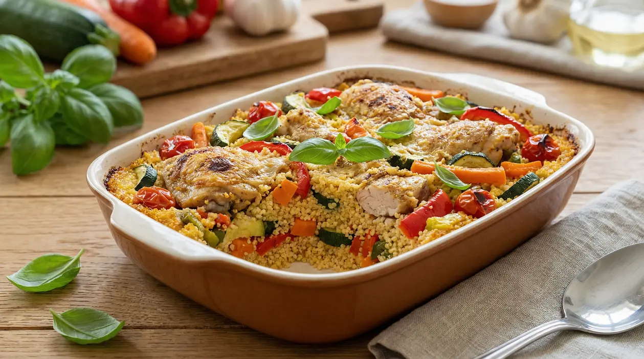 Teglia di cous cous con pollo e verdure al forno su un tavolo in legno