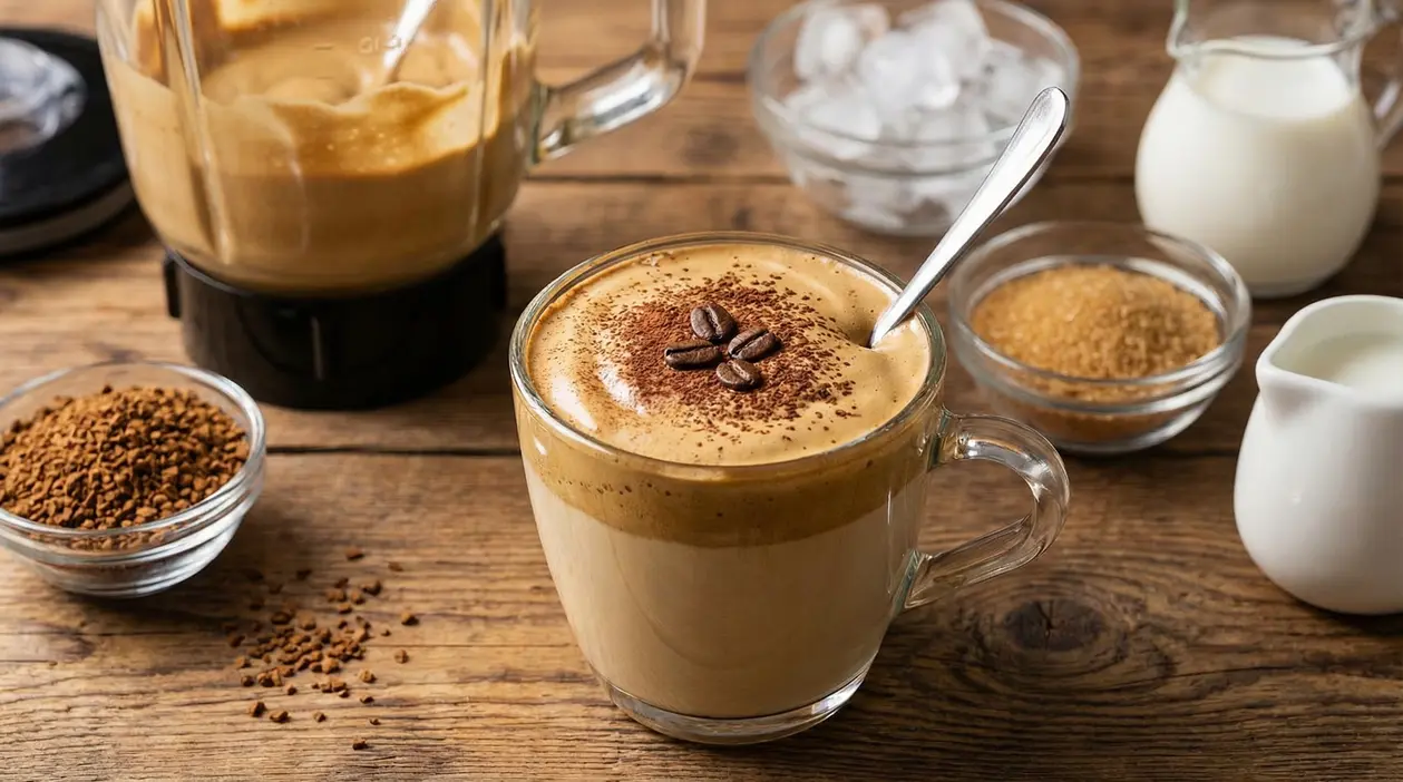 Crema al caffè servita in una tazza di vetro con cucchiaino, accanto a frullatore e ingredienti su tavolo di legno