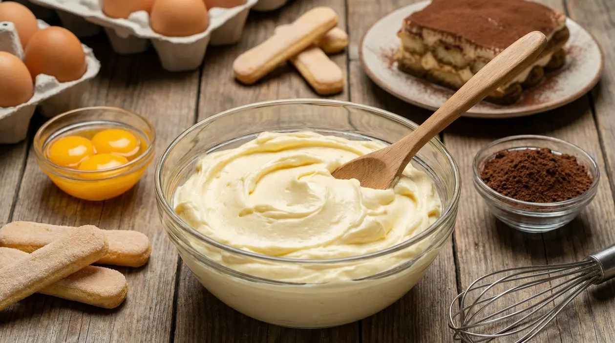 Ciotola di crema al mascarpone con ingredienti per tiramisù su un tavolo in legno