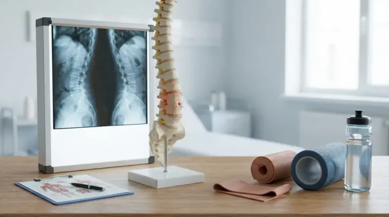 Modello di colonna vertebrale con radiografia e attrezzi fisioterapici su un tavolo medico