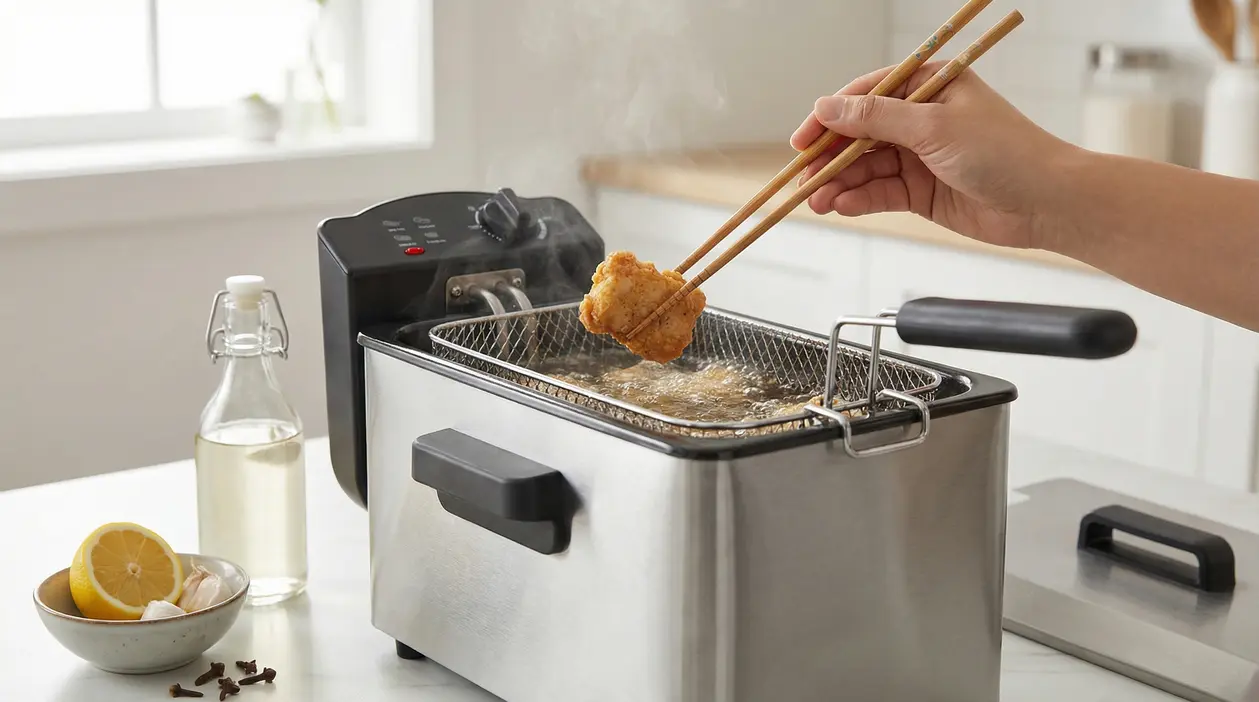 Persona che frigge un alimento in una friggitrice da cucina con olio bollente