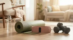 Tappetino da yoga, bande elastiche, manubri e borraccia su un pavimento in salotto