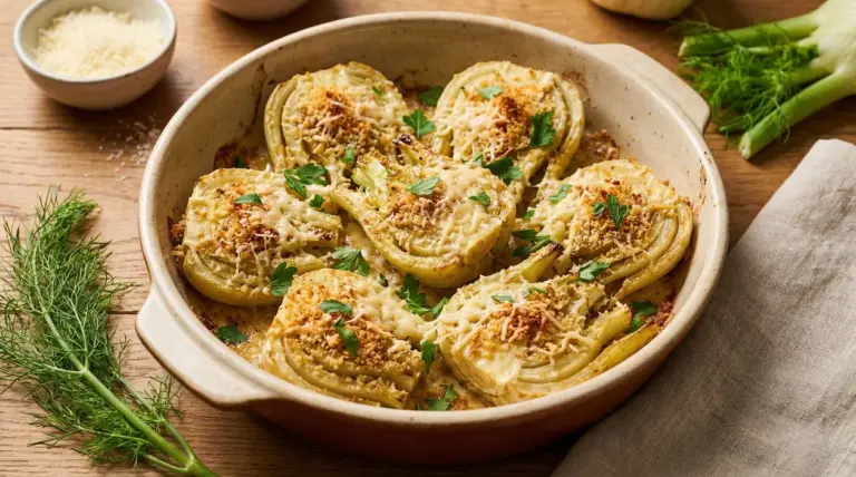 Finocchi gratinati al forno in una pirofila, con formaggio e prezzemolo fresco