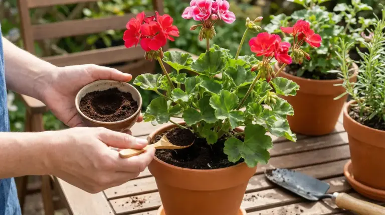 Mani aggiungono fondi di caffè nel vaso di un geranio in fiore