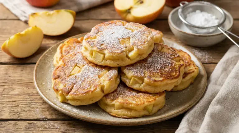 Frittelle di mele dorate e spolverate di zucchero a velo su un piatto di ceramica rustico