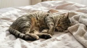 Gatto tigrato che dorme tranquillo su un letto con coperta chiara