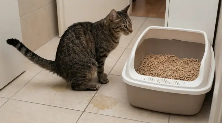 Gatto accovacciato sul pavimento vicino a una lettiera, con evidenti macchie di urina fuori dalla lettiera