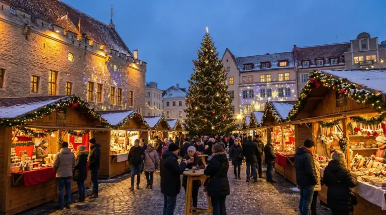 Mercatino di Natale con bancarelle illuminate, albero decorato e persone che passeggiano