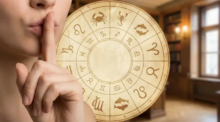 Persona in silenzio accanto a un cerchio zodiacale con simboli astrologici