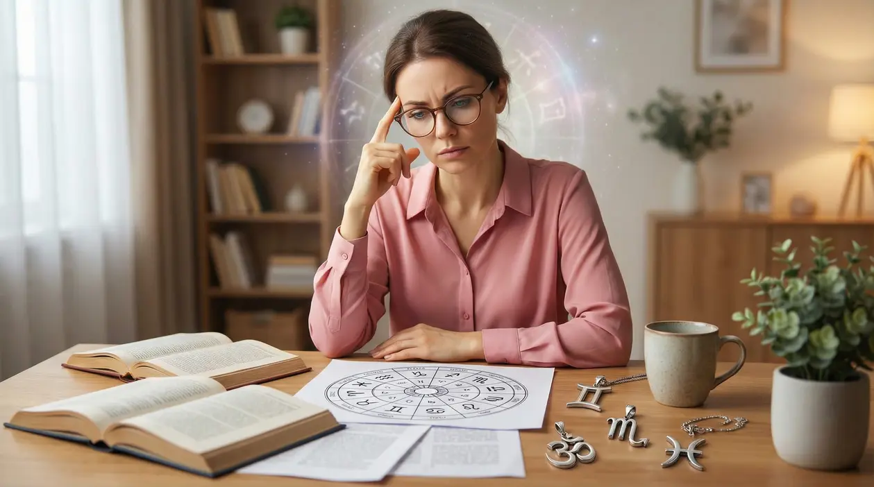Persona riflessiva davanti a una tabella zodiacale e simboli astrologici su un tavolo