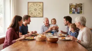 Famiglia riunita a tavola che condivide un pasto in un ambiente accogliente