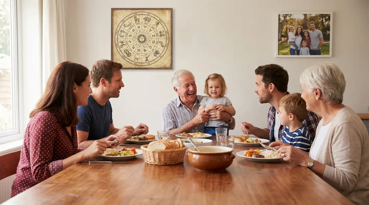 Famiglia riunita a tavola che condivide un pasto in un ambiente accogliente
