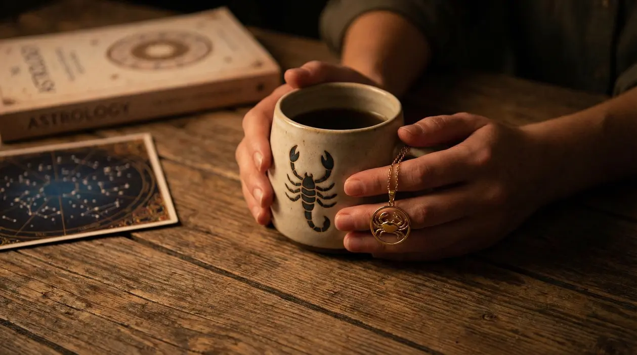 Mani che tengono una tazza con simbolo dello Scorpione e un ciondolo zodiacale su tavolo di legno