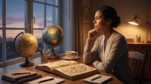 Persona riflessiva seduta a una scrivania con un libro di astrologia aperto e globi terrestri