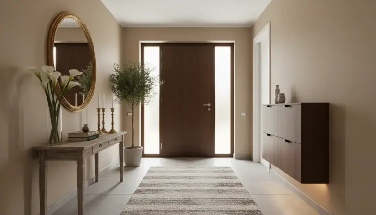 Ingresso elegante con porta in legno, consolle decorativa e piante