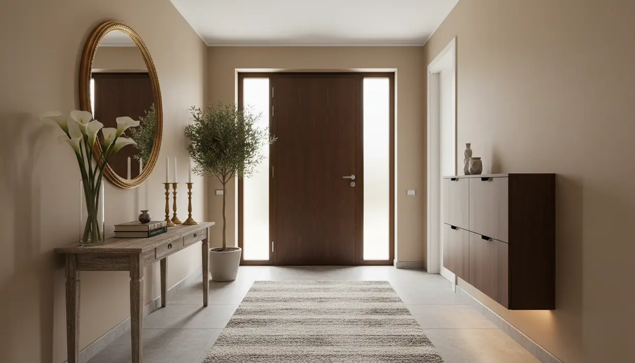 Ingresso elegante con porta in legno, consolle decorativa e piante