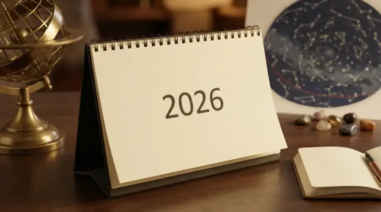 Calendario da tavolo con l'anno 2026 su una scrivania con oggetti legati all'astrologia