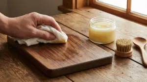 Una mano pulisce una tavoletta di legno con un panno e un prodotto naturale in un barattolo di vetro