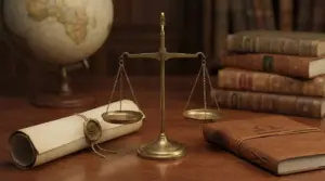 Bilancia dorata su scrivania con libri antichi e simbolo della Bilancia zodiacale