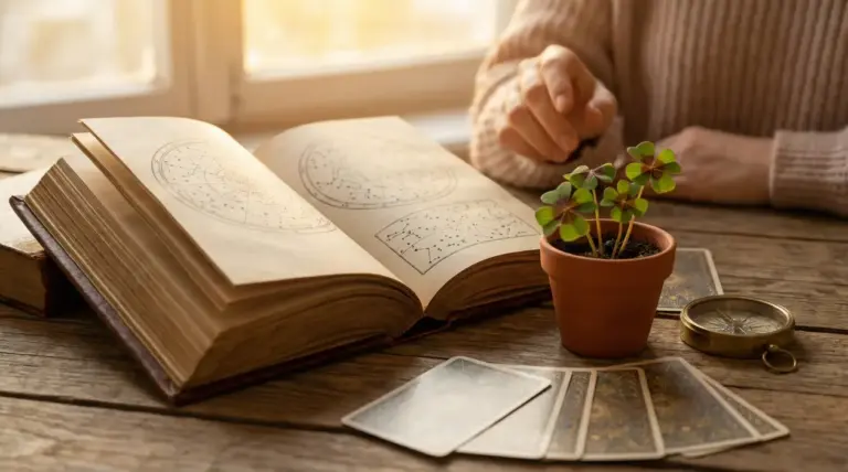 Libro di astrologia aperto su un tavolo con piantina di quadrifogli e carte da divinazione