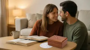 Coppia sorridente seduta su un divano con libri e simboli zodiacali su un tavolo