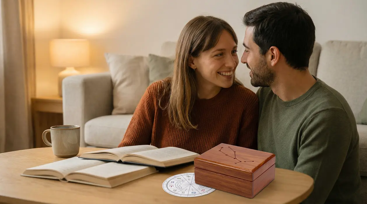 Coppia sorridente seduta su un divano con libri e simboli zodiacali su un tavolo