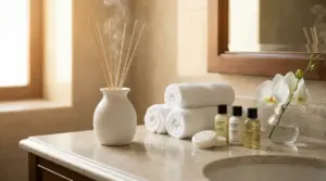 Diffusore di profumo, asciugamani e prodotti da bagno su un elegante piano in marmo di un hotel