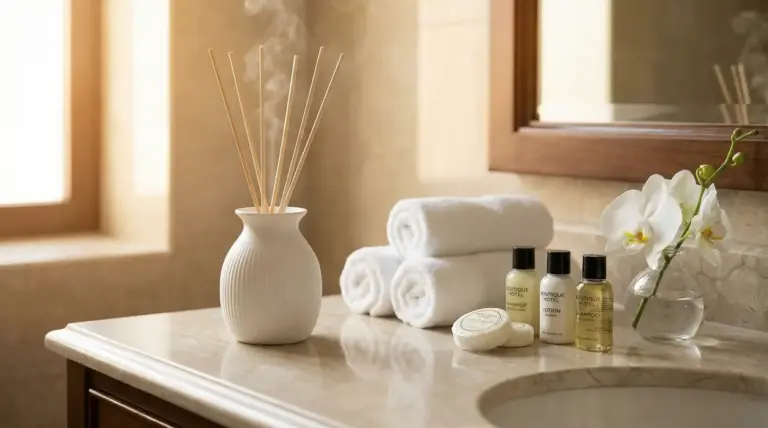 Diffusore di profumo, asciugamani e prodotti da bagno su un elegante piano in marmo di un hotel