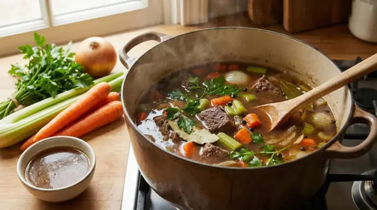 Pentola di brodo fumante con verdure fresche e carne su un fornello